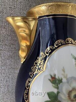 Théière et crémier en émail cobalt Vtg Lindner Kueps Bavaria avec fleurs dorées