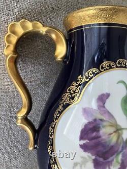 Théière et crémier en émail cobalt Vtg Lindner Kueps Bavaria avec fleurs dorées