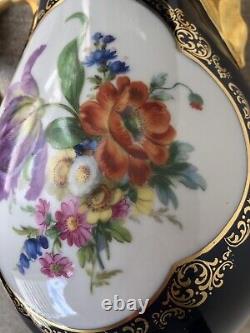Théière et crémier en émail cobalt Vtg Lindner Kueps Bavaria avec fleurs dorées