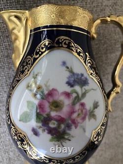 Théière et crémier en émail cobalt Vtg Lindner Kueps Bavaria avec fleurs dorées