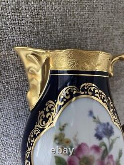 Théière et crémier en émail cobalt Vtg Lindner Kueps Bavaria avec fleurs dorées