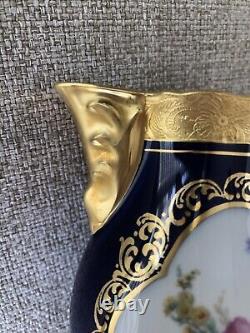 Théière et crémier en émail cobalt Vtg Lindner Kueps Bavaria avec fleurs dorées
