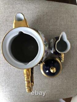 Théière et crémier en émail cobalt Vtg Lindner Kueps Bavaria avec fleurs dorées