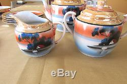 Vintage 14 Piece Tea Coffee Set Maison Sur Le Lac Withswan Orange Blue Fabriqué Au Japon