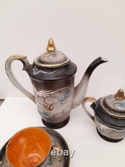 Vintage 1950s Peint À La Main Japon Dragon Design 13piece Tea Set Orange Noir