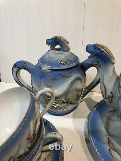 Vintage Années 1940 Japonais Dragon Ware Moriage Poudre Blue Porcelain Tea Coffee Set