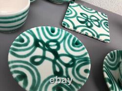 Vintage Autrichien Gmundner Keramik Green Stripe Tea & Coffee Set Marqué 8 Pcs