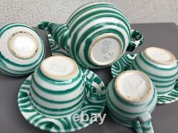 Vintage Autrichien Gmundner Keramik Green Stripe Tea & Coffee Set Marqué 8 Pcs