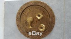 Vintage Brass Arabe Cuivre Bronze Islamique À Thé Café 3 Tasses + Creamer + Plateau