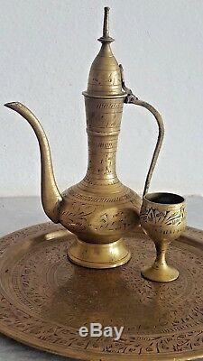 Vintage Brass Arabe Cuivre Bronze Islamique À Thé Café 3 Tasses + Creamer + Plateau