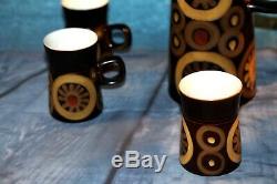 Vintage Denby 1970' Arabesque Stoneware Café Ensemble De 6 Tasses, Soucoupes, Cafetière