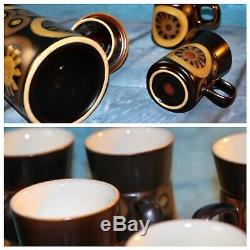 Vintage Denby 1970' Arabesque Stoneware Café Ensemble De 6 Tasses, Soucoupes, Cafetière