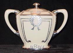Vintage Lenox Belleek Silver Overlay 3 Pc Coffee Pot Cream Sugar Set Monogramme T