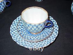 Vintage Lomonosov Ussr Cobalt Blue Net Ensemble De Thé À Café En Porcelaine De 22 Pièces