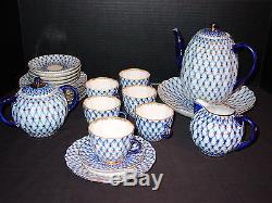 Vintage Lomonosov Ussr Cobalt Blue Net Set De 22 Pièces De Thé En Porcelaine