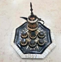 Vintage Main Palestinienne Gravé Laiton Nacre Café Set Bethlehem