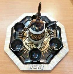 Vintage Main Palestinienne Gravé Laiton Nacre Café Set Bethlehem