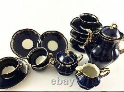 Vintage Porcelaine Mocca Coffee Set Service Cobalt Blue Gilt Pologne Chodziez 60's