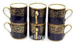 Vintage REICHENBACH 6 x Demi-Tasse, Boîtes à Café & Soucoupes, Bleu Cobalt & Doré