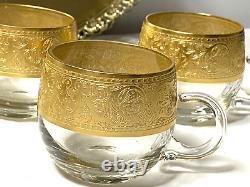 Vintage Set De 6 Verres Lourds Or Rim Demitasse Café/tea Cups & Or Rim Tray