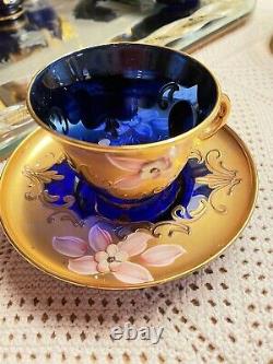 Vintage Set De Café Murano, Vénitien 24k Peint À La Main En Verre Bleu Émail