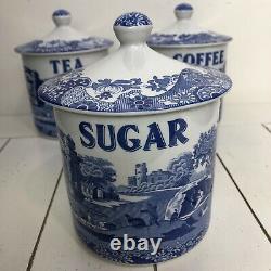 Vintage Spode Blue & White'blue Italian' Teacafeecanisters Sugar, Set De Jars