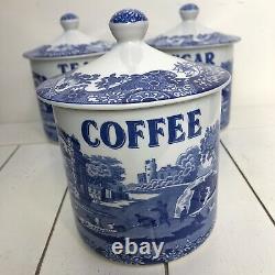 Vintage Spode Blue & White'blue Italian' Teacafeecanisters Sugar, Set De Jars