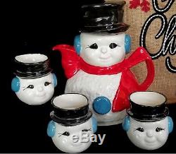 Vtg Frosty Snowman Chocolat Chaud Tasse À Café Tasse Set Punch Bol Théière Pichet