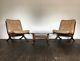 Vtg Mid Century Leather Set De 2 Chaises Fauteuils & Table Basse Design Danois