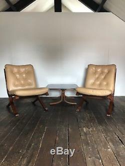 Vtg MID Century Leather Set De 2 Chaises Fauteuils & Table Basse Design Danois