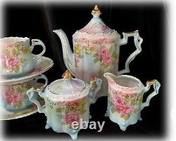 Vtg Repro R S Prusse Coffee Tea Set Rpu12 Porcelaine Fleurs Roses & Or 18 Pc